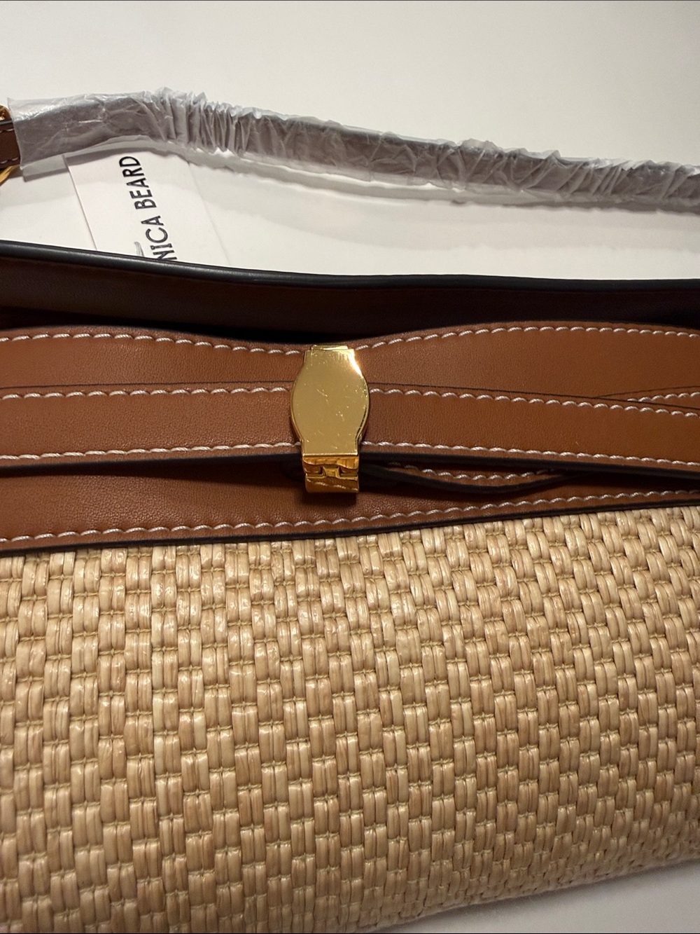 Veronica Beard Dash Raffia Clutch Hazelwood Leather Top Handle Bag - Picture 10 of 12